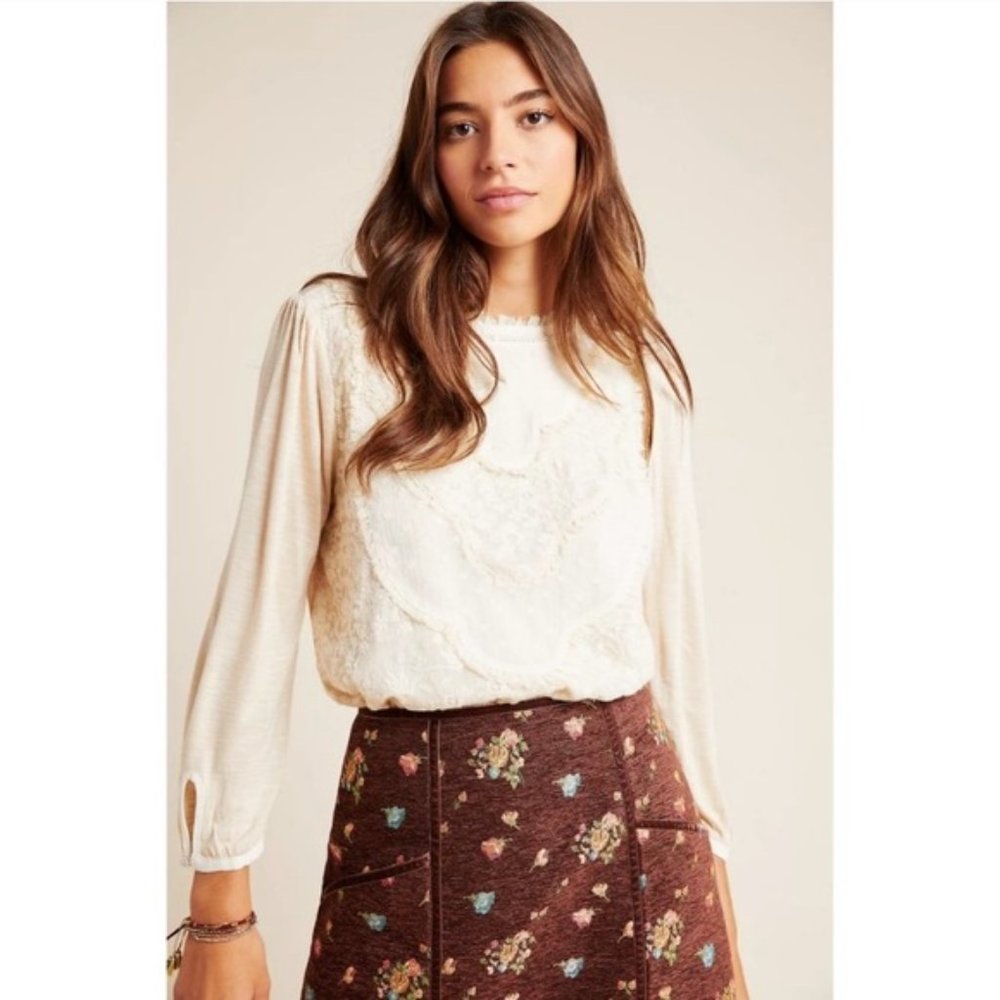 Anthropologie Cream Embroidered Blouse